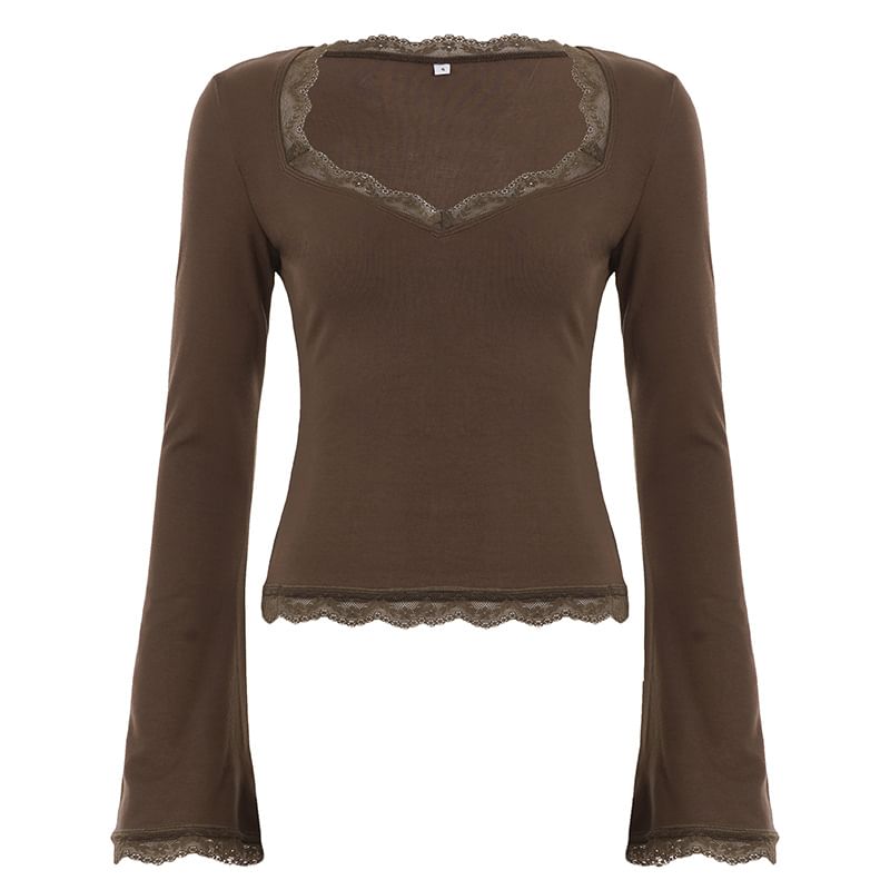 V-Neck Lace Panel Long Sleeve Top