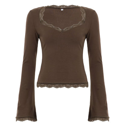 V-Neck Lace Panel Long Sleeve Top