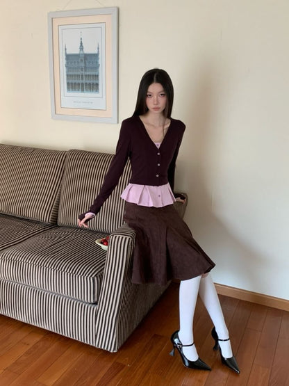 Mock Two-Piece V-Neck Cardigan / High Waist Mermaid Skirt