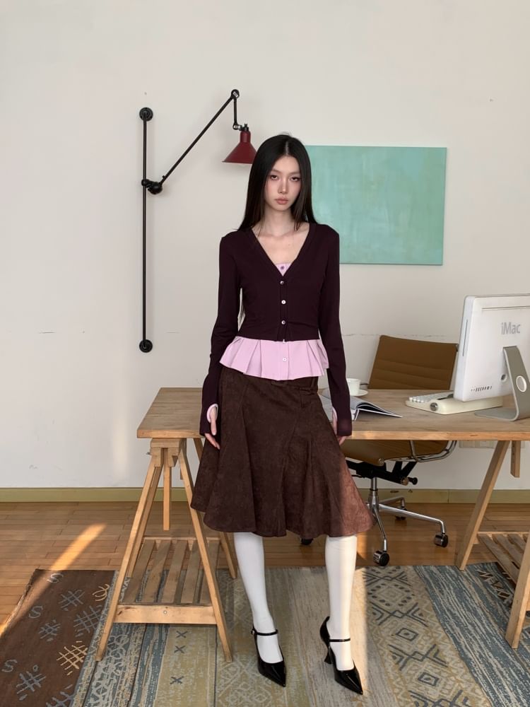 Mock Two-Piece V-Neck Cardigan / High Waist Mermaid Skirt