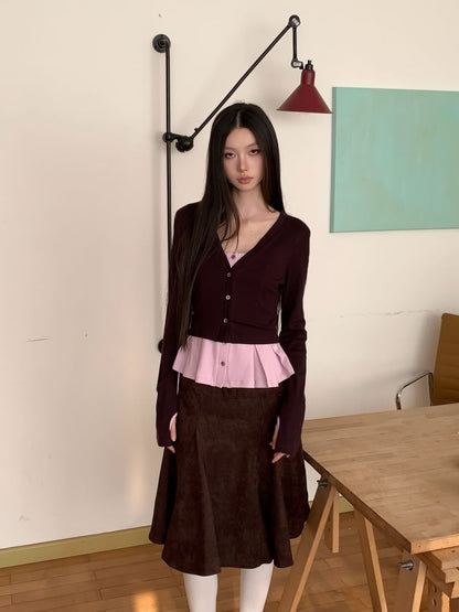 Mock Two-Piece V-Neck Cardigan / High Waist Mermaid Skirt
