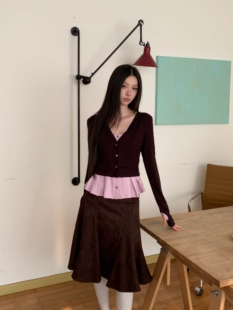 Mock Two-Piece V-Neck Cardigan / High Waist Mermaid Skirt