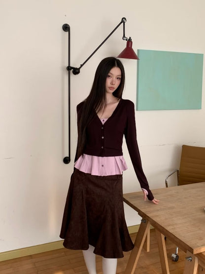 Mock Two-Piece V-Neck Cardigan / High Waist Mermaid Skirt