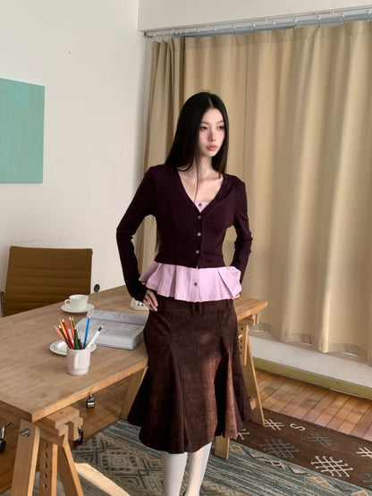 Mock Two-Piece V-Neck Cardigan / High Waist Mermaid Skirt