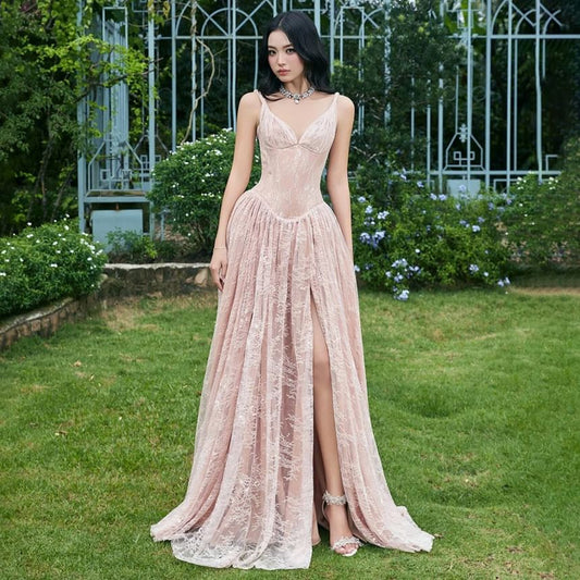 Spaghetti Strap Floral Side-Slit Lace A-Line Evening Dress