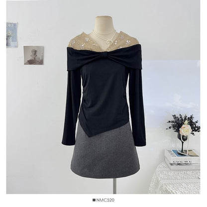 Glitter Asymmetric-Hem V-Neck Long Top