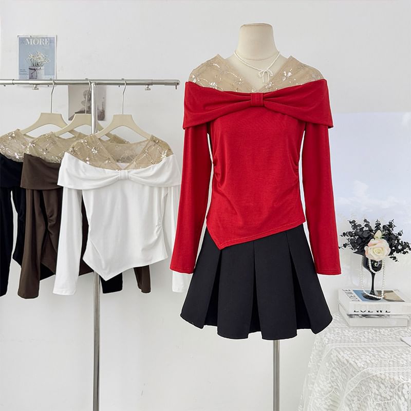 Glitter Asymmetric-Hem V-Neck Long Top