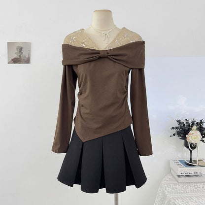 Glitter Asymmetric-Hem V-Neck Long Top