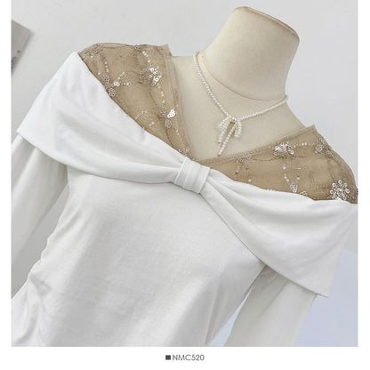 Glitter Asymmetric-Hem V-Neck Long Top