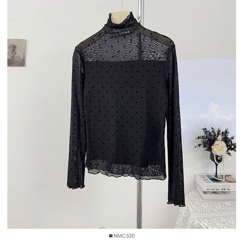 Polka-Dot Sheer Turtleneck Slim-Fit Top