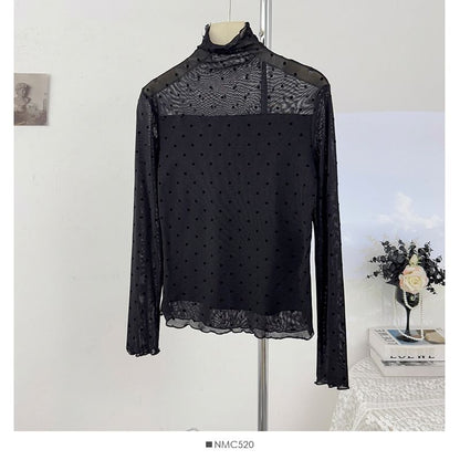 Polka-Dot Sheer Turtleneck Slim-Fit Top