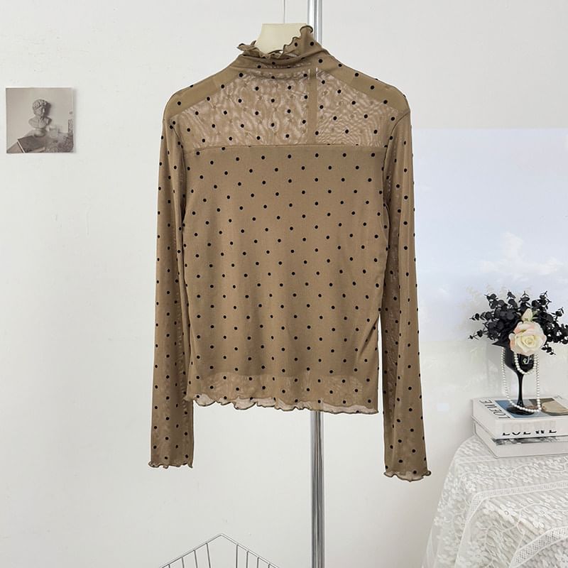 Polka-Dot Sheer Turtleneck Slim-Fit Top