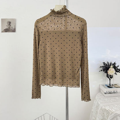 Polka-Dot Sheer Turtleneck Slim-Fit Top