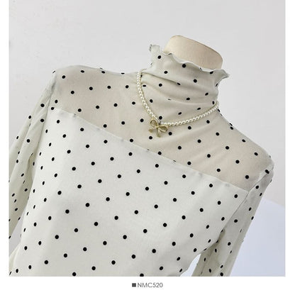 Polka-Dot Sheer Turtleneck Slim-Fit Top