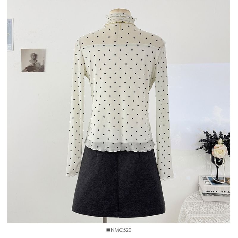 Polka-Dot Sheer Turtleneck Slim-Fit Top