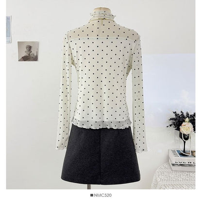 Polka-Dot Sheer Turtleneck Slim-Fit Top