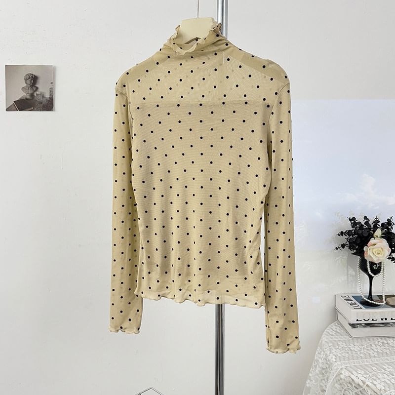 Polka-Dot Sheer Turtleneck Slim-Fit Top