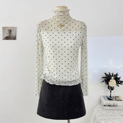 Polka-Dot Sheer Turtleneck Slim-Fit Top