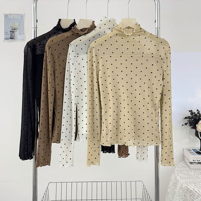 Polka-Dot Sheer Turtleneck Slim-Fit Top