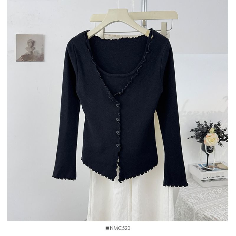 Ruffled-Trim Slim Mock Two-Piece Long Tee