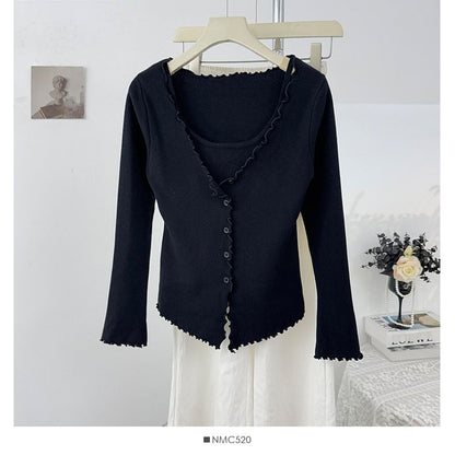 Ruffled-Trim Slim Mock Two-Piece Long Tee