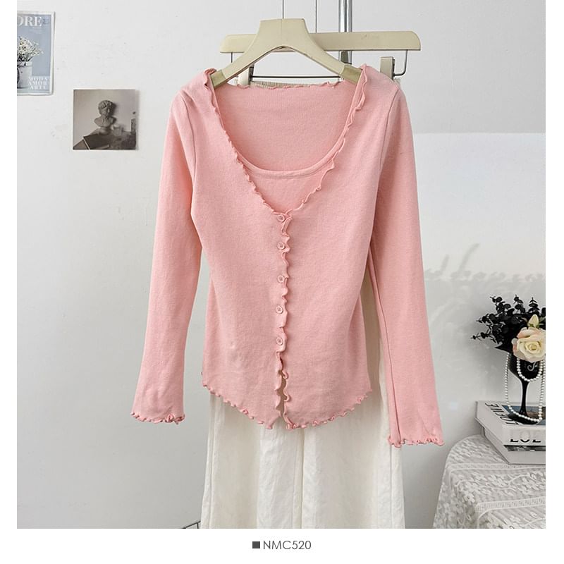 Ruffled-Trim Slim Mock Two-Piece Long Tee