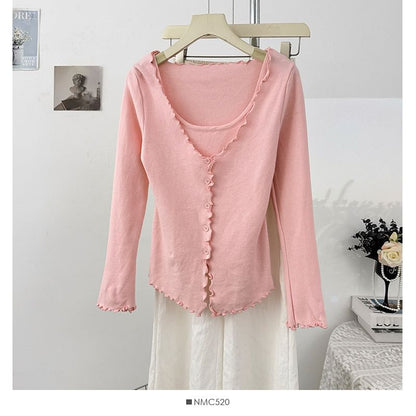 Ruffled-Trim Slim Mock Two-Piece Long Tee