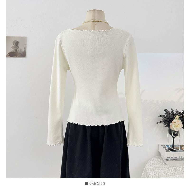 Ruffled-Trim Slim Mock Two-Piece Long Tee