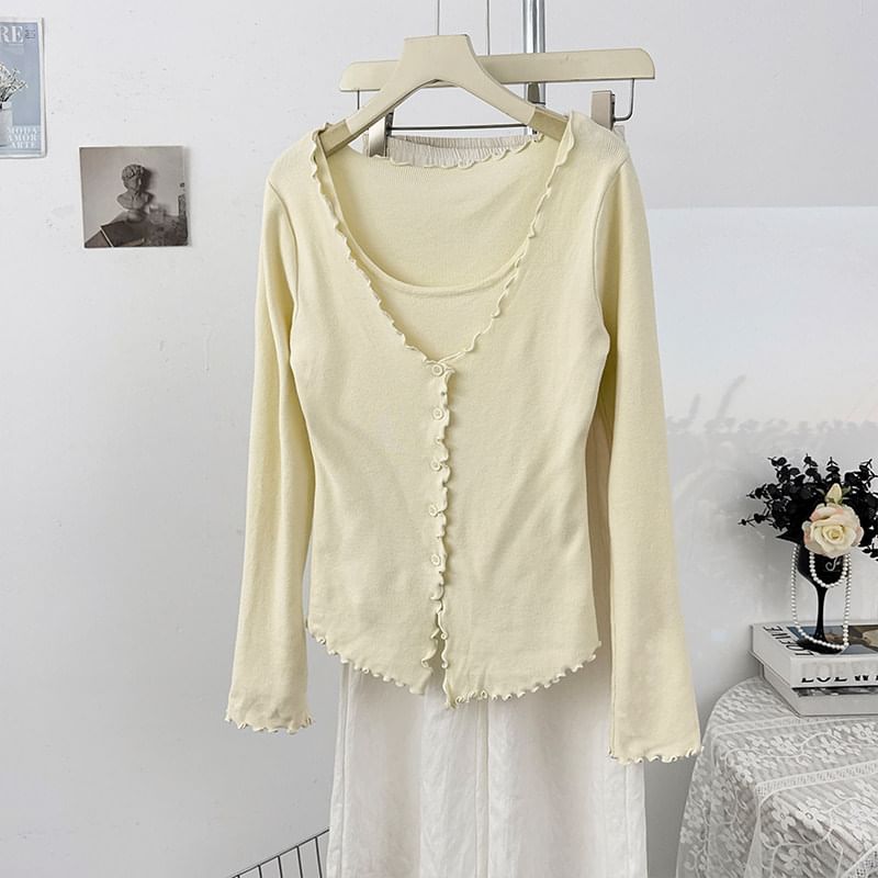 Ruffled-Trim Slim Mock Two-Piece Long Tee