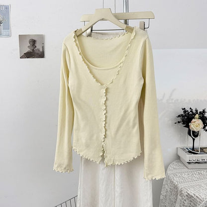 Ruffled-Trim Slim Mock Two-Piece Long Tee