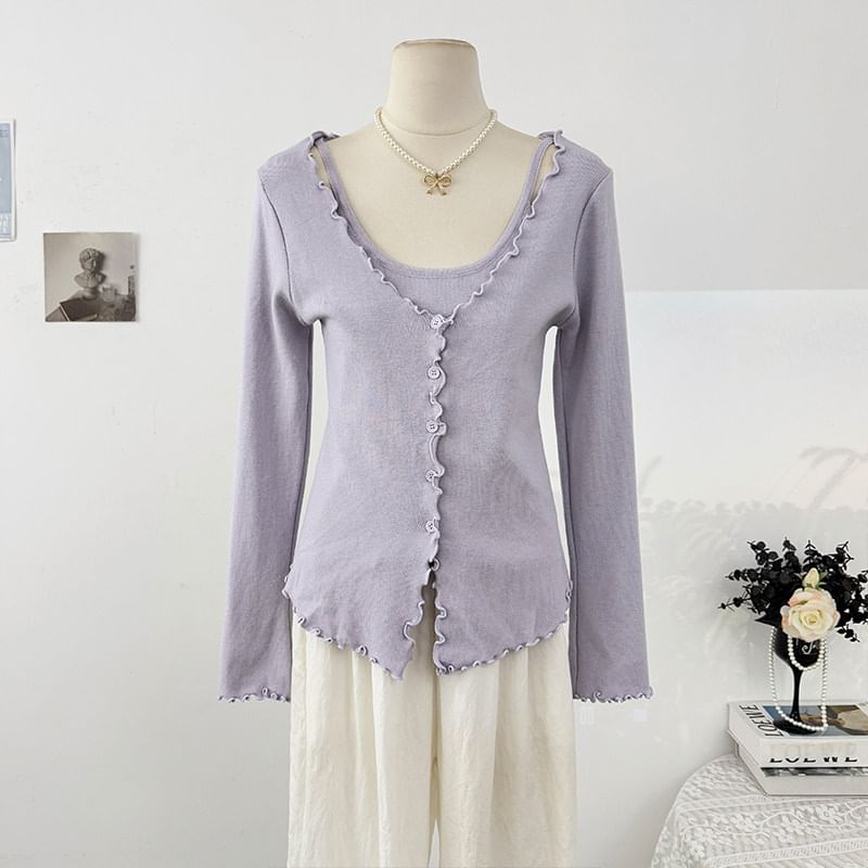 Ruffled-Trim Slim Mock Two-Piece Long Tee