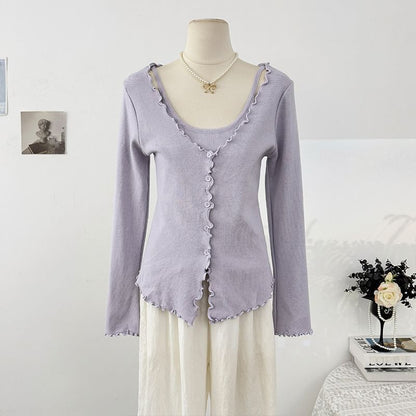 Ruffled-Trim Slim Mock Two-Piece Long Tee