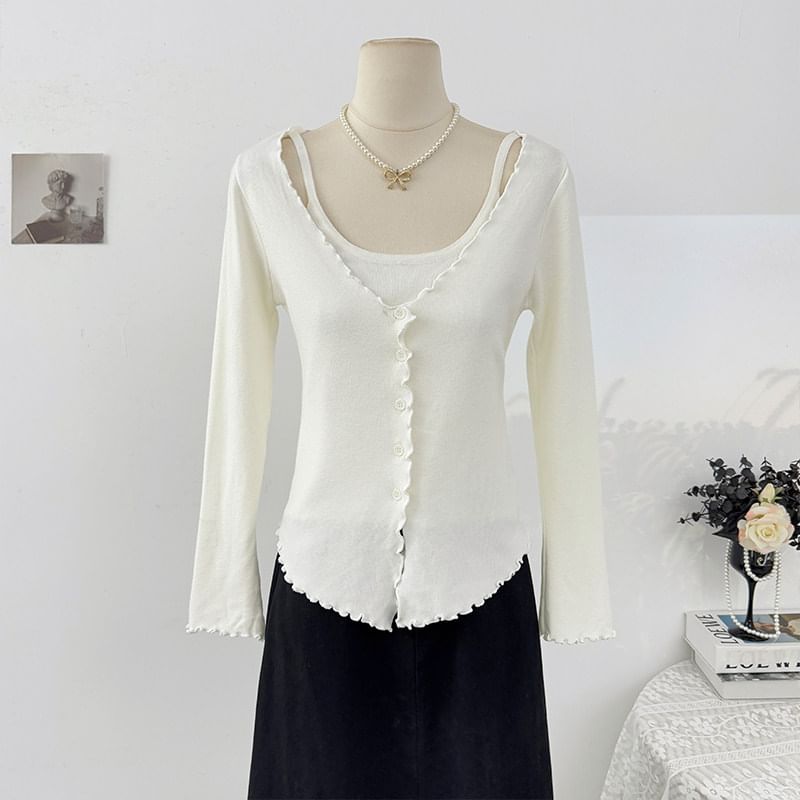 Ruffled-Trim Slim Mock Two-Piece Long Tee