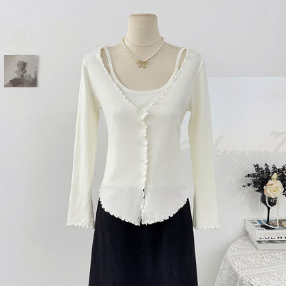 Ruffled-Trim Slim Mock Two-Piece Long Tee