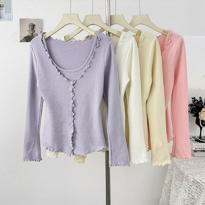 Ruffled-Trim Slim Mock Two-Piece Long Tee