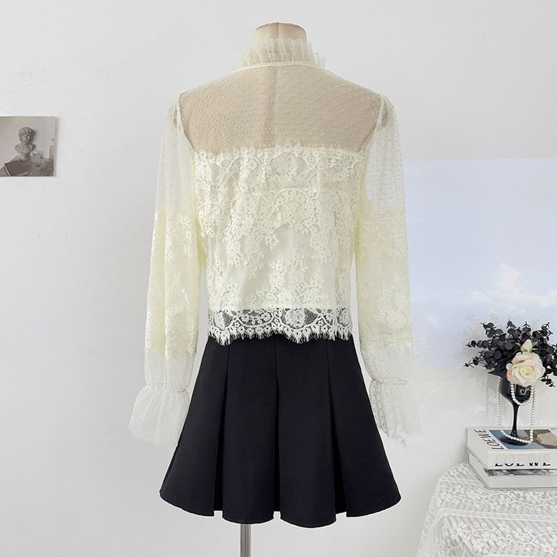 Sheer Lace-Panel Ruffle-Sleeve Blouse
