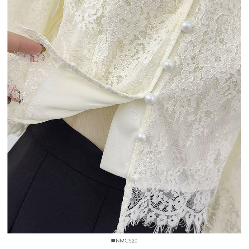 Sheer Lace-Panel Ruffle-Sleeve Blouse