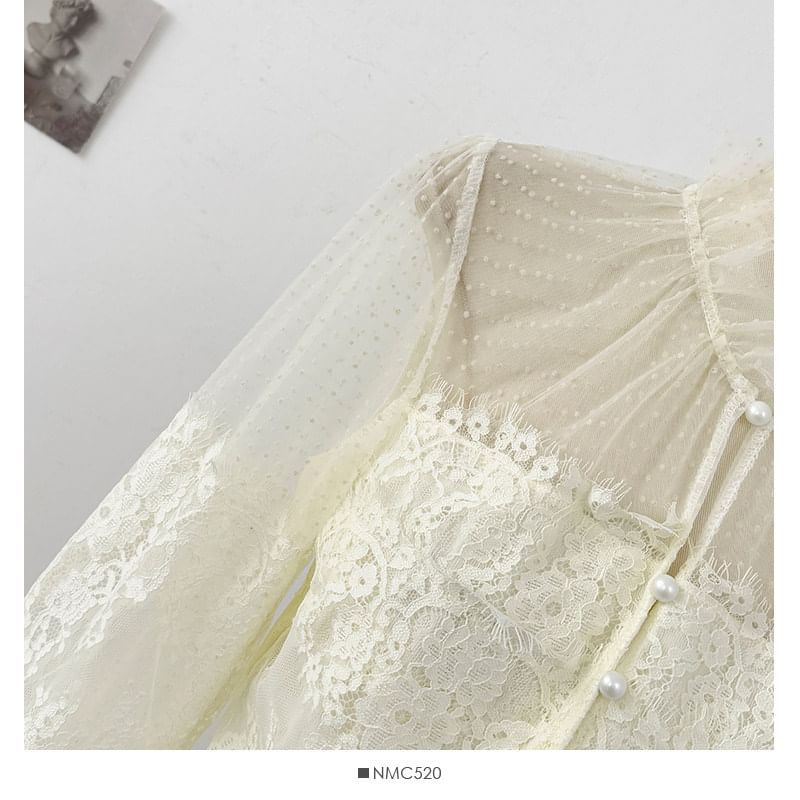 Sheer Lace-Panel Ruffle-Sleeve Blouse
