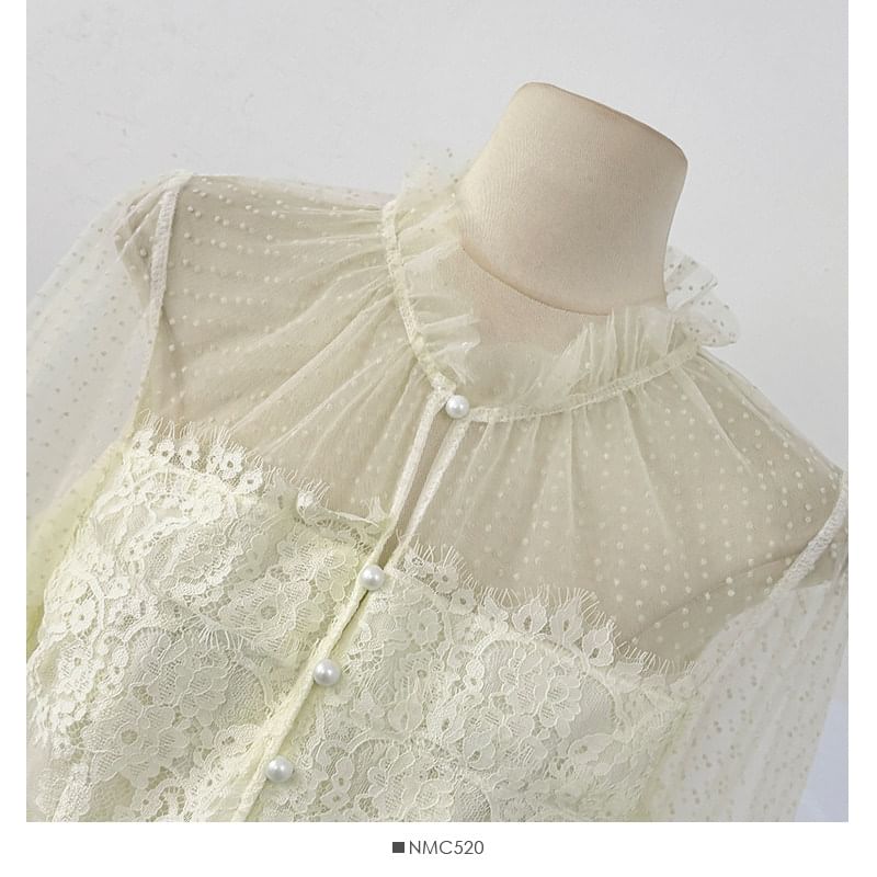Sheer Lace-Panel Ruffle-Sleeve Blouse