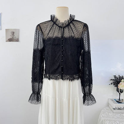 Sheer Lace-Panel Ruffle-Sleeve Blouse