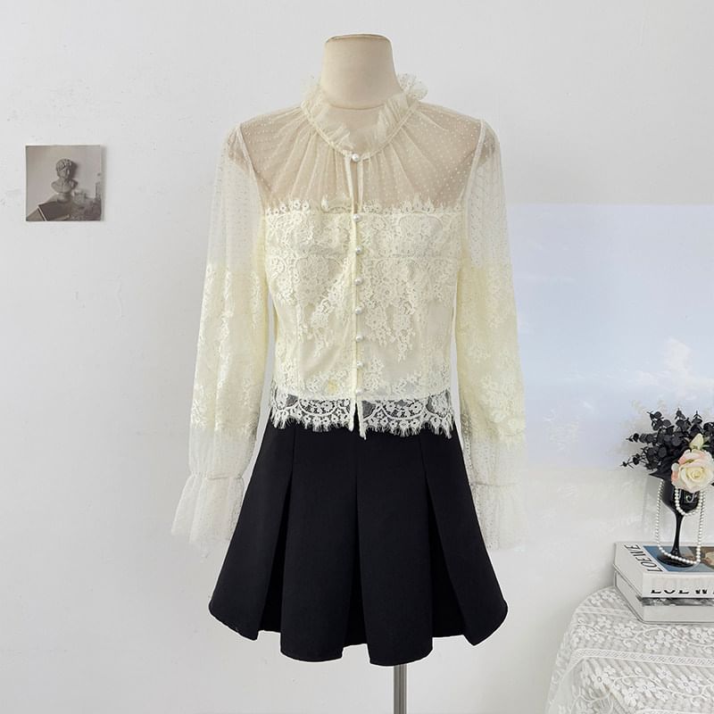 Sheer Lace-Panel Ruffle-Sleeve Blouse