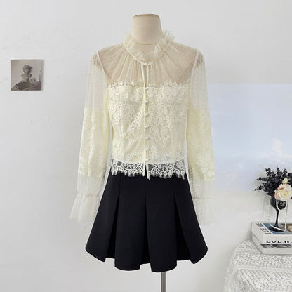 Sheer Lace-Panel Ruffle-Sleeve Blouse
