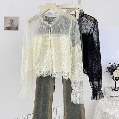 Sheer Lace-Panel Ruffle-Sleeve Blouse
