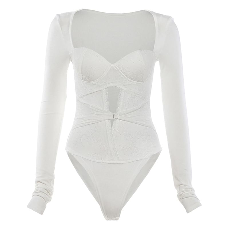 Long Sleeve Lace Trim Cutout Bodysuit