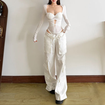 Long Sleeve Lace Trim Cutout Bodysuit