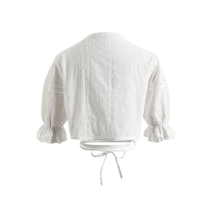 Elbow-Sleeve V-Neck Lace Trim Crop Blouse