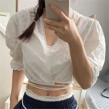 Elbow-Sleeve V-Neck Lace Trim Crop Blouse
