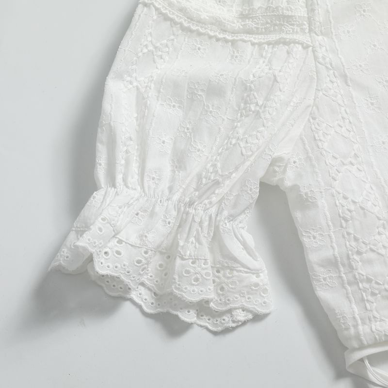 Elbow-Sleeve V-Neck Lace Trim Crop Blouse