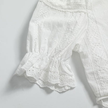 Elbow-Sleeve V-Neck Lace Trim Crop Blouse