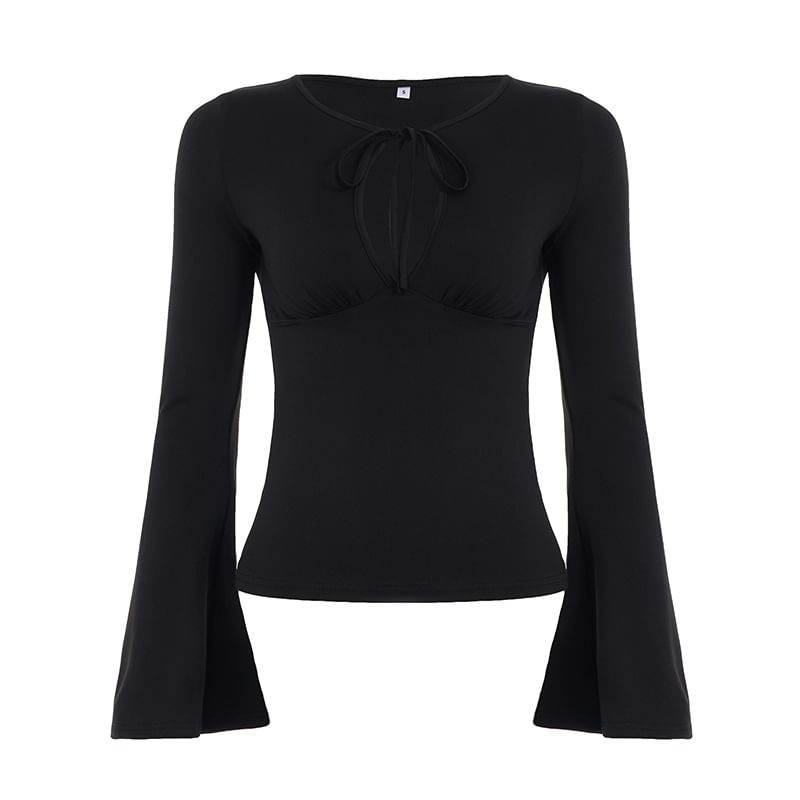 Keyhole Tie-Neck Bell-Sleeve Top
